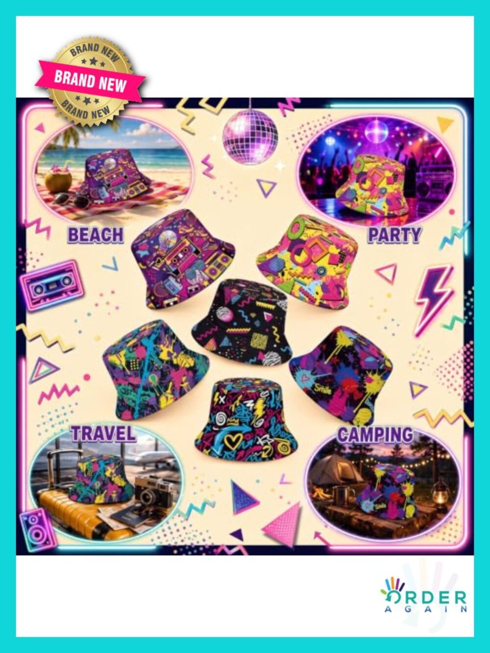 12 Pack Retro 90s Graffiti Bucket Hats Polyester Sun Caps Adult Unisex - Picture 4 of 6